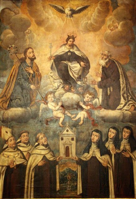 Cuadro de la Virgen del Carmen, cuya imagen está rodeada con santos de la Orden Carmelita