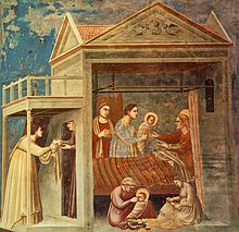 Cuadro titulado el nacimiento de la Virgen de Giotto